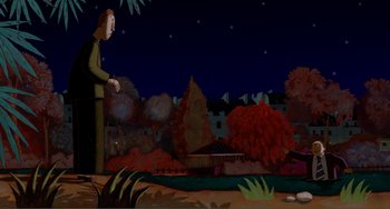 Movie still from “A Cat in Paris” (2010), directed by Alain Gagnol – An animated picture of a person standing in a field; Extreme Wide shot, High angle