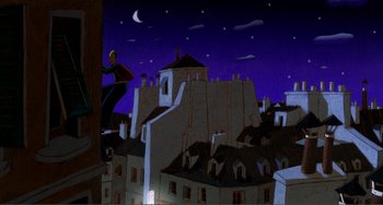Movie still from “A Cat in Paris” (2010), directed by Alain Gagnol – An illustration of a man climbing a tree in a city; Extreme Wide shot, Low angle