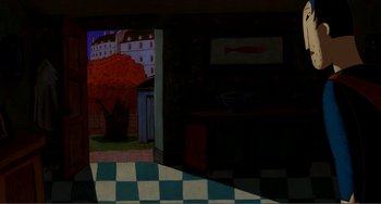 Movie still from “A Cat in Paris” (2010), directed by Alain Gagnol – A painting of a room with a checkerboard floor and checkerboard walls; Extreme Wide shot, High angle
