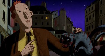 Movie still from “A Cat in Paris” (2010), directed by Alain Gagnol – An animated scene of a cat attacking a man; Medium shot, Over the shoulder angle