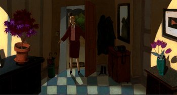 Movie still from “A Cat in Paris” (2010), directed by Alain Gagnol – A woman standing in front of an open door in a room; Wide shot, High angle