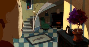 Movie still from “A Cat in Paris” (2010), directed by Alain Gagnol – A painting of a room with fish on the rug; Extreme Wide shot, High angle