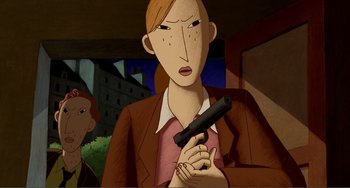 Movie still from “A Cat in Paris” (2010), directed by Alain Gagnol – An animated woman holding a gun in her hand; Close Up shot, Over the shoulder angle