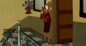 Movie still from “A Cat in Paris” (2010), directed by Alain Gagnol – A woman holding a cell phone in her hand; Medium shot, High angle