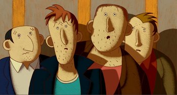 Movie still from “A Cat in Paris” (2010), directed by Alain Gagnol – A group of people that are standing together; Close Up shot, Overhead angle