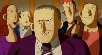 Movie still from “A Cat in Paris” (2010), directed by Alain Gagnol – A group of cartoon characters in a room; Close Up shot, High angle