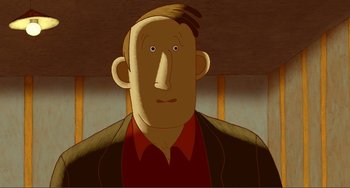 Movie still from “A Cat in Paris” (2010), directed by Alain Gagnol – An animated man with a red shirt and brown jacket; Close Up shot, Low angle