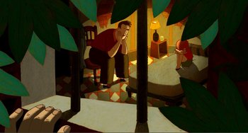 Movie still from “A Cat in Paris” (2010), directed by Alain Gagnol – A man sitting on a chair next to a woman; Extreme Wide shot, Overhead angle