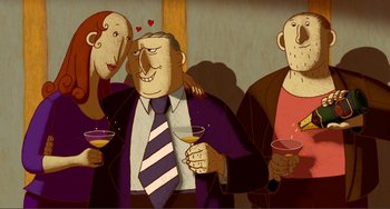 Movie still from “A Cat in Paris” (2010), directed by Alain Gagnol – A group of people standing next to each other holding wine glasses; Medium shot, Overhead angle
