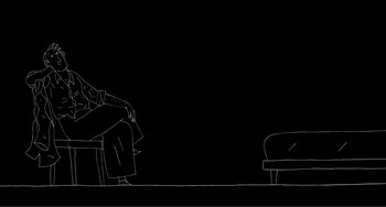 Movie still from “A Cat in Paris” (2010), directed by Alain Gagnol – A black and white drawing of a person sitting on a chair; Wide shot, Over the shoulder angle