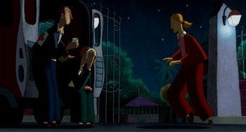 Movie still from “A Cat in Paris” (2010), directed by Alain Gagnol – A group of people standing in front of a building at night; Wide shot, Over the shoulder angle