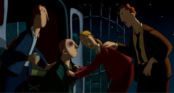 Movie still from “A Cat in Paris” (2010), directed by Alain Gagnol – A group of people standing next to each other in front of a gate; Wide shot, Overhead angle