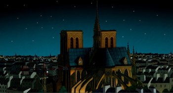 Movie still from “A Cat in Paris” (2010), directed by Alain Gagnol – A painting of a church at night with stars in the background; Extreme Wide shot, Low angle