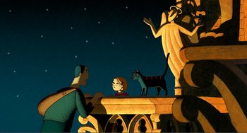 Movie still from “A Cat in Paris” (2010), directed by Alain Gagnol – A man and a woman sitting at a table with a dog; Extreme Wide shot, Overhead angle