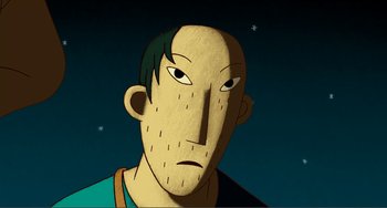 Movie still from “A Cat in Paris” (2010), directed by Alain Gagnol – An animated man with a lot of hair on his face; Close Up shot, High angle