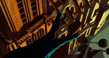 Movie still from “A Cat in Paris” (2010), directed by Alain Gagnol – An animated scene of a man flying through the air; Extreme Wide shot, Overhead angle