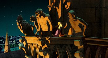 Movie still from “A Cat in Paris” (2010), directed by Alain Gagnol – A painting of a man sitting on a balcony with a bunch of gargoyles on it; Wide shot, Overhead angle