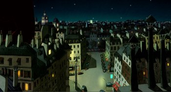 Movie still from “A Cat in Paris” (2010), directed by Alain Gagnol – An illustration of a city at night with cars parked on the side of the road; Extreme Wide shot, Overhead angle