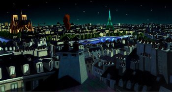 Movie still from “A Cat in Paris” (2010), directed by Alain Gagnol – An illustration of a city at night with the eiffel tower in the background; Extreme Wide shot, High angle