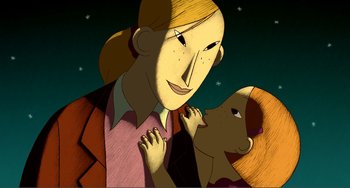 Movie still from “A Cat in Paris” (2010), directed by Alain Gagnol – An animated picture of a woman and a child; Extreme Close Up shot, Overhead angle
