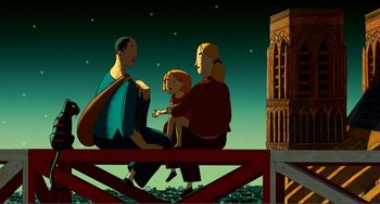 Movie still from “A Cat in Paris” (2010), directed by Alain Gagnol – A group of people sitting on top of a wooden bridge; Wide shot, Overhead angle