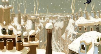 Movie still from “A Cat in Paris” (2010), directed by Alain Gagnol – An illustration of a city with snow on the ground; Extreme Wide shot, Low angle