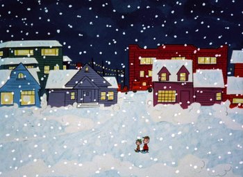 Movie still from “A Charlie Brown Christmas” (1965), directed by Bill Melendez – A painting of two people walking in the snow; Extreme Wide shot, High angle