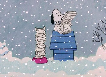 Movie still from “A Charlie Brown Christmas” (1965), directed by Bill Melendez – A dog sitting on top of a pile of papers; Extreme Wide shot, Low angle