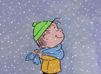 Movie still from “A Charlie Brown Christmas” (1965), directed by Bill Melendez – A drawing of a boy in a green hat and a blue scarf; Close Up shot, Low angle