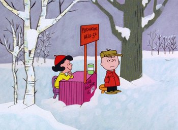 Movie still from “A Charlie Brown Christmas” (1965), directed by Bill Melendez – A charlie brown and lucy christmas scene; Extreme Wide shot, High angle