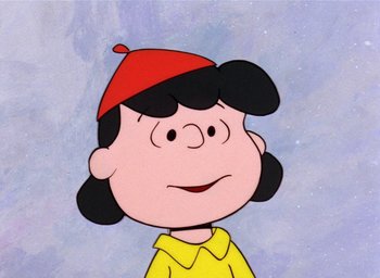 Movie still from “A Charlie Brown Christmas” (1965), directed by Bill Melendez – A cartoon of a girl in a red hat; Close Up shot, High angle