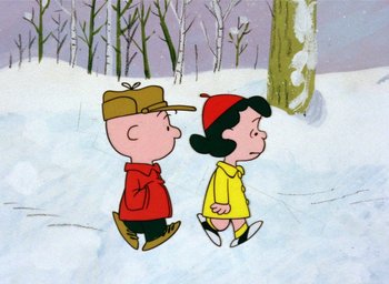 Movie still from “A Charlie Brown Christmas” (1965), directed by Bill Melendez – A couple of people walking through the snow; Extreme Wide shot, High angle
