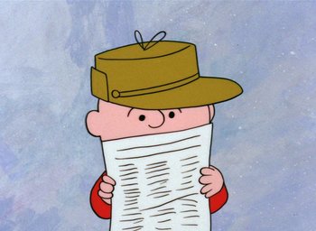 Movie still from “A Charlie Brown Christmas” (1965), directed by Bill Melendez – A drawing of charlie brown holding a newspaper; Extreme Close Up shot, Low angle