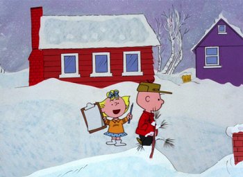 Movie still from “A Charlie Brown Christmas” (1965), directed by Bill Melendez – A charlie brown and a girl in the snow; Extreme Wide shot, High angle