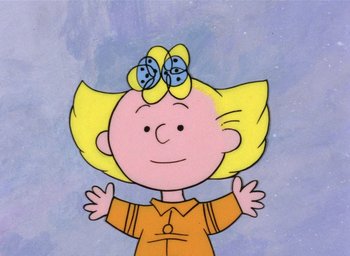 Movie still from “A Charlie Brown Christmas” (1965), directed by Bill Melendez – A drawing of a girl with two bows on her head; Medium shot, High angle
