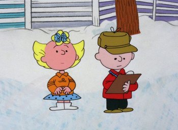 Movie still from “A Charlie Brown Christmas” (1965), directed by Bill Melendez – A charlie brown and a girl in the snow; Medium shot, High angle