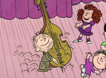 Movie still from “A Charlie Brown Christmas” (1965), directed by Bill Melendez – A drawing of charlie brown playing a cello; Medium shot, High angle