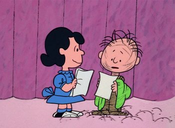 Movie still from “A Charlie Brown Christmas” (1965), directed by Bill Melendez – A couple of people that are looking at each other; Medium shot, Over the shoulder angle