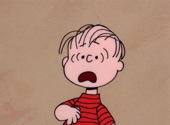 Movie still from “A Charlie Brown Christmas” (1965), directed by Bill Melendez – A drawing of a boy in a striped shirt; Close Up shot, Low angle