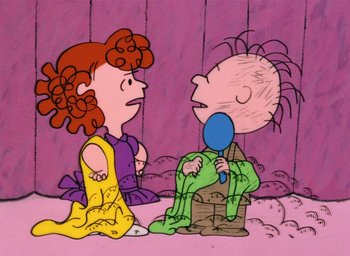 Movie still from “A Charlie Brown Christmas” (1965), directed by Bill Melendez – A drawing of a girl and a boy sitting next to each other; Medium shot, High angle