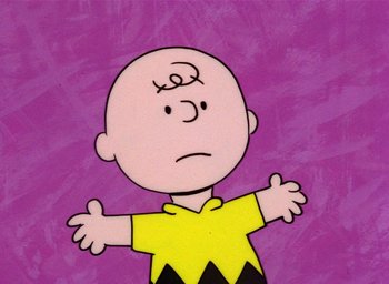 Movie still from “A Charlie Brown Christmas” (1965), directed by Bill Melendez – A charlie brown cartoon character with his arms outstreched; Close Up shot, Low angle