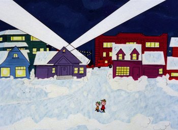 Movie still from “A Charlie Brown Christmas” (1965), directed by Bill Melendez – A painting of a snowy town with a couple of people walking in the snow; Extreme Wide shot, High angle