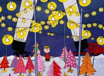 Movie still from “A Charlie Brown Christmas” (1965), directed by Bill Melendez – A painting of a charlie brown christmas scene with lights; Extreme Wide shot, Low angle