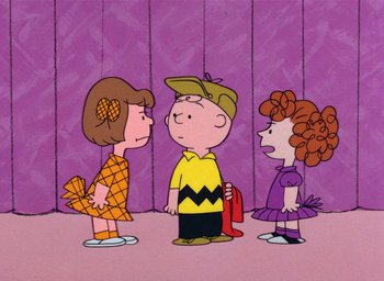 Movie still from “A Charlie Brown Christmas” (1965), directed by Bill Melendez – A group of people standing next to each other on a stage; Extreme Wide shot, High angle