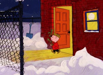Movie still from “A Charlie Brown Christmas” (1965), directed by Bill Melendez – A painting of charlie brown outside a house in the snow; Extreme Wide shot, High angle