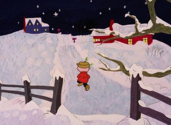 Movie still from “A Charlie Brown Christmas” (1965), directed by Bill Melendez – A painting of a person skiing down a snowy hill at night; Extreme Wide shot, High angle