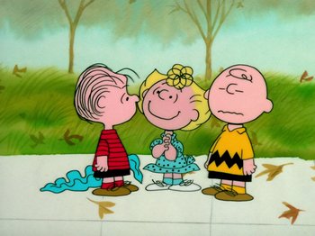Movie still from “A Charlie Brown Thanksgiving” (1973), directed by Phil Roman – A group of peanuts cartoon characters standing next to each other; Extreme Wide shot, High angle