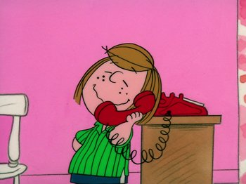 Movie still from “A Charlie Brown Thanksgiving” (1973), directed by Phil Roman – A drawing of a girl talking on a phone; Medium shot, High angle