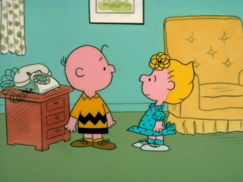 Movie still from “A Charlie Brown Thanksgiving” (1973), directed by Phil Roman – A couple of cartoon characters standing next to each other; Extreme Wide shot, High angle