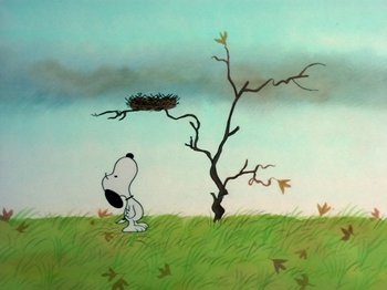 Movie still from “A Charlie Brown Thanksgiving” (1973), directed by Phil Roman – A painting of a dog sitting under a tree; Extreme Wide shot, Low angle